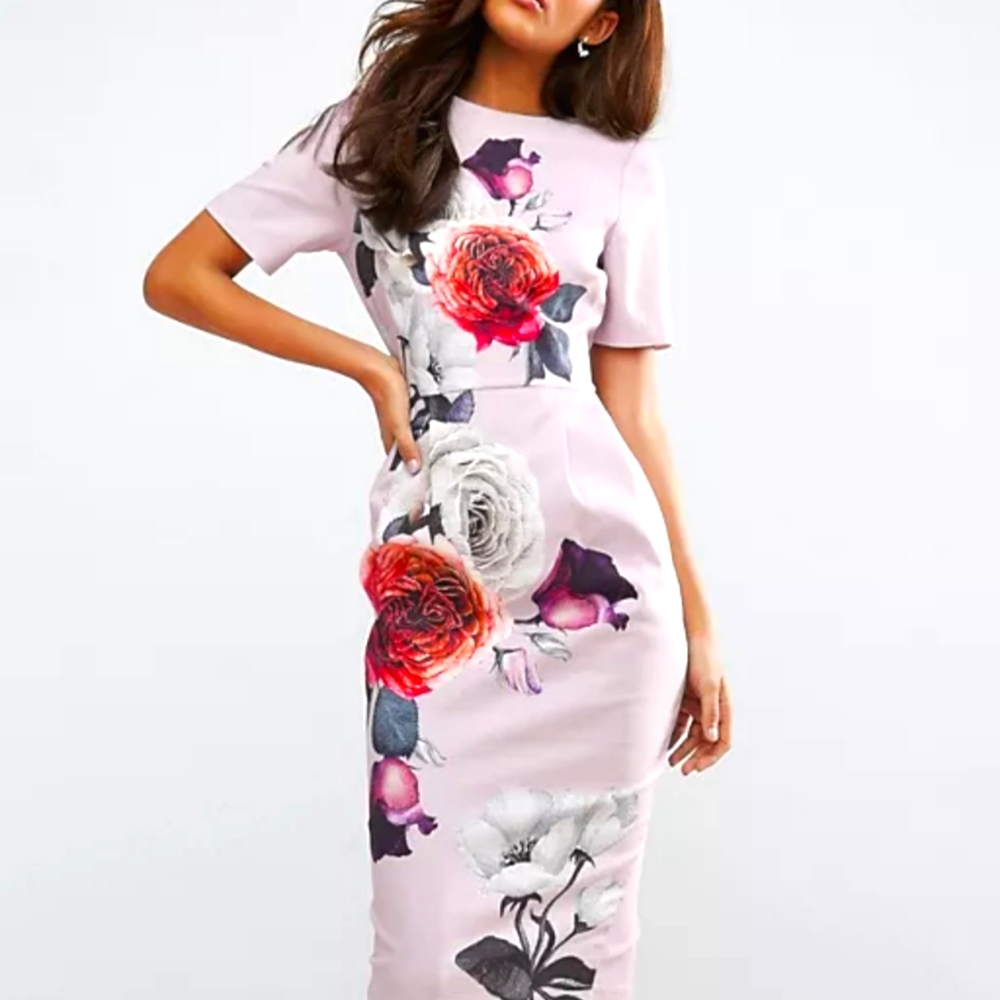 ASOS Petite Smart Dress with v Back in Rose Placement Floral